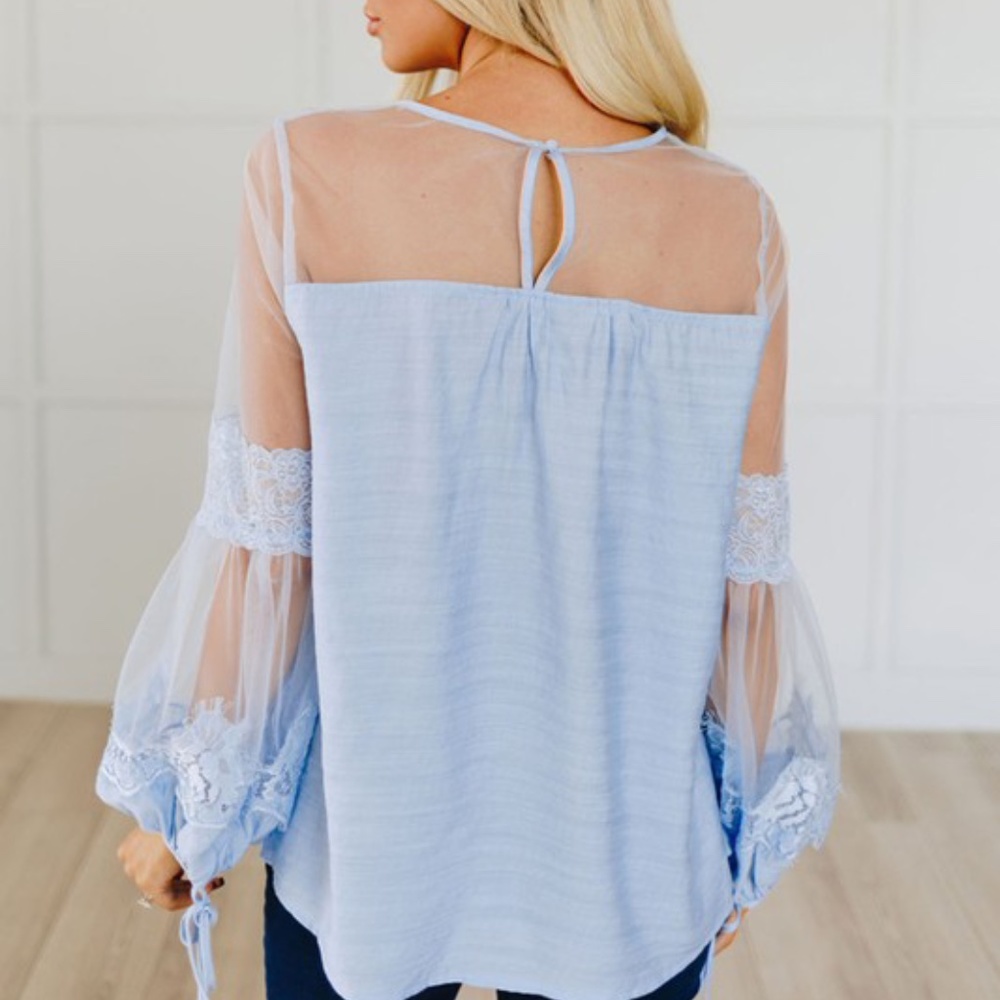 #4 Boho Lace Sheer Lantern Sleeve Blue Blouse - Picture 4 of 7